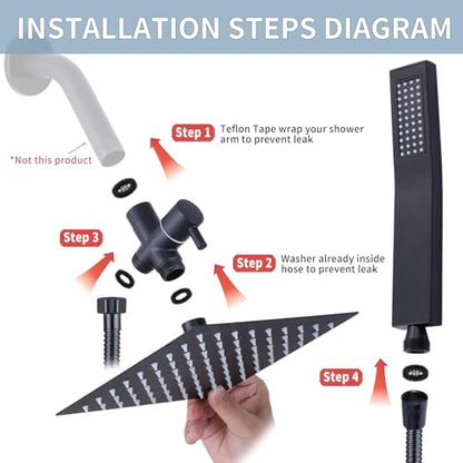 Rainfall Shower Head with Handheld Combo High Pressure, Dual Shower Head 8 Inch Square with Long Hose, Rain Showerhead with Handheld Sprayer(black)