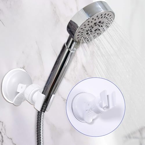 Adjustable Shower Head Holder, White Shower Hand Held Holder Bathroom Removable Suction Cup Handheld Showers Head Bracket Wall Mount Bracket for Marble Glass Metal Ceramic Smooth Surfaces