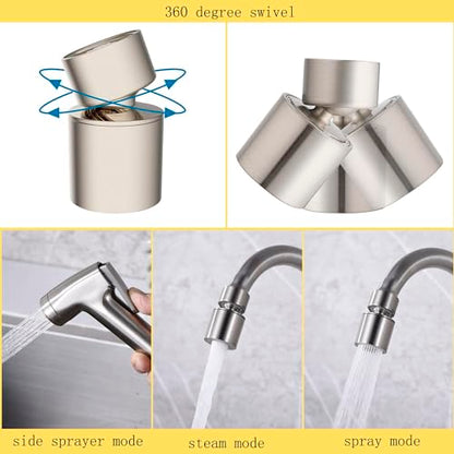 Wall Mount Kitchen Faucet with Side Sprayer, Commercial Sink Faucet 8 Inch Center, 360 Swivel Spout, Dual Functional Sprayer, Utility Sink Mixing, 304 Stainless Steel, Brushed Nickel Finish - color: E Style, Nickel Brushed