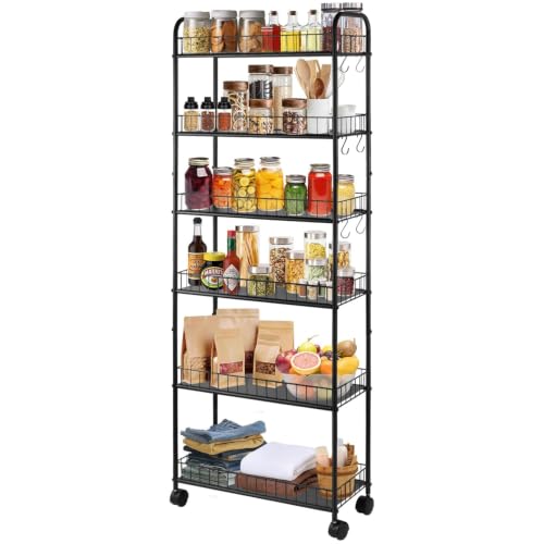 6-Tier Ultra Slim Rolling Storage Cart with Wheels, Narrow Metal Organizer Shelf Unit for Kitchen, Bathroom, Laundry Room, Office, Dorm, RV, Mobile Storage Rack, Black, 6" Wide - size: 6" Wide