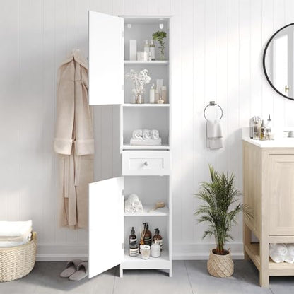 Flash Furniture Freestanding Bathroom Linen Tower Storage Cabinet, White | Farmhouse, Magnetic Close Doors, 2 Adjustable Shelves, Open Display Shelf - color: White