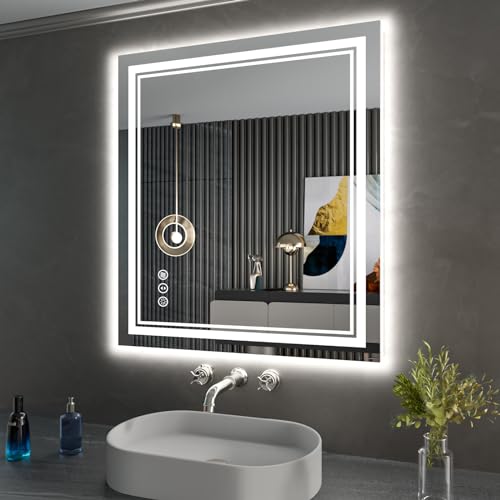 28x32 Inch LED Bathroom Mirror with Lights | Front and Backlit, 3 Colors, Dimmable, Memory, Anti Fog, Shatterproof, Horizontal/Vertical, Lighted Mirrors for Bathroom Wall - color: Dual Lights, size: 28"L x 32"W