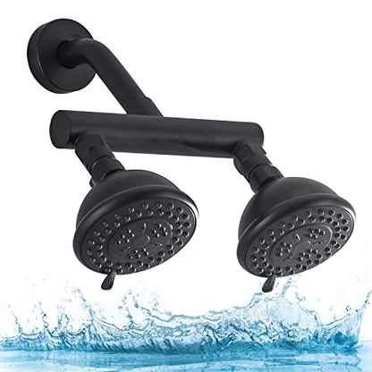 High Pressure Double Shower Head with Shut-Off Valve and Shower Arm Set Solid Brass Casting Dual Outlet Manifold Dual Shower Fixed Head 3 Function Shower Heads Sprayers, Matte Black - color: Matte Black