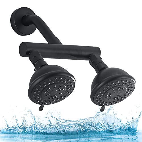 High Pressure Double Shower Head with Shut-Off Valve and Shower Arm Set Solid Brass Casting Dual Outlet Manifold Dual Shower Fixed Head 3 Function Shower Heads Sprayers, Matte Black - color: Matte Black