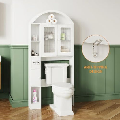 Over The Toilet Storage,Arched Wooden Over The Toilet Storage Organizer with Double Doors,Multiple Compartments and Open Shelves,Anti-tip Device,Space Saving (Toilet cabinet-white-01)