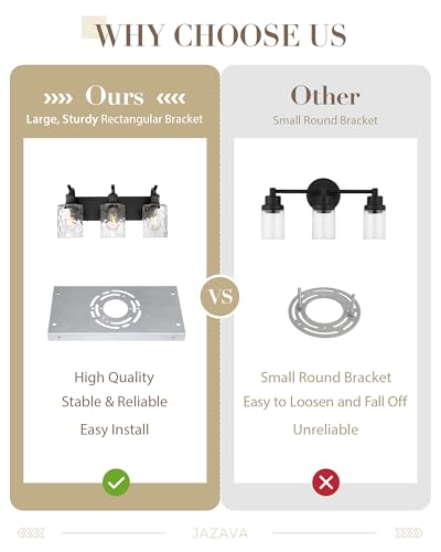 Bathroom Vanity Light Fixtures Over Mirror 3-Light Hammered Glass Wall Mounted Modern Black - VL01BKH-3 - color: Black & Hammered Glass, size: 3 LIGHT