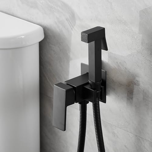 Handheld Bidet Sprayer Set for Toilet with Hot and Cold Water | Matte Black,Wall Mounted,Brass Valve,Adjustable Water Pressure,Cloth Diaper Sprayer for Bathing Pets and Feminine Hygiene - size: Square- Black