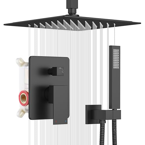 ESNBIA Shower System Black, All Metal Ceiling Shower Faucet Set with Pressure Balance Valve Kit,10" Rain Heads with Handheld Spray Combo, Matte Black - color: Matte Black, size: 10 Inch