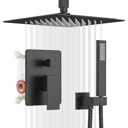 esnbia Shower System, Bathroom 12 Inches Rain Shower Head with Handheld Combo Set, Ceiling Mounted High Pressure Rainfall Dual Shower Head System, Shower Faucet Set with Valve and Trim, Matte Black - color: Matte Black, size: 12 Inch