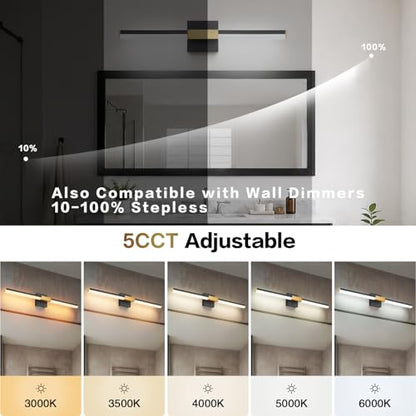 SOLFART Bathroom Light Fixtures 5CCT: Black and Gold 24-Inch LED Bar Dimmable Detachable 4-Way Light Direction Vanity Lights for Bathroom ETL IP44 - color: Black Gold-5CCT, 5-Step Brightness Control, size: 24 inch