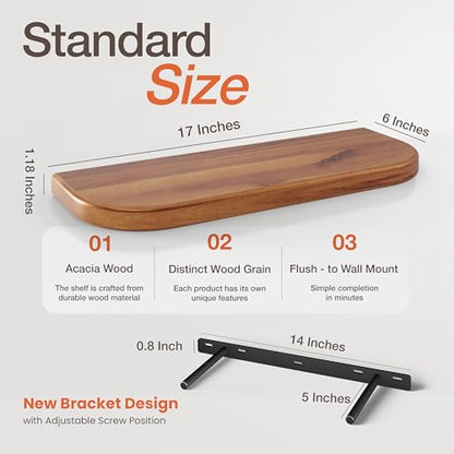 BATODA 17" Acacia Wood Floating Shelves Wall Mounted (Round Edge) – Rustic Farmhouse Wooden Wall Storage Shelf for Bedroom, Kitchen - Brackets and Shelving Hardware Included (Acacia Color) | Safe Round Edges, 100 lb Capacity, Hidden Brackets, Complete Har