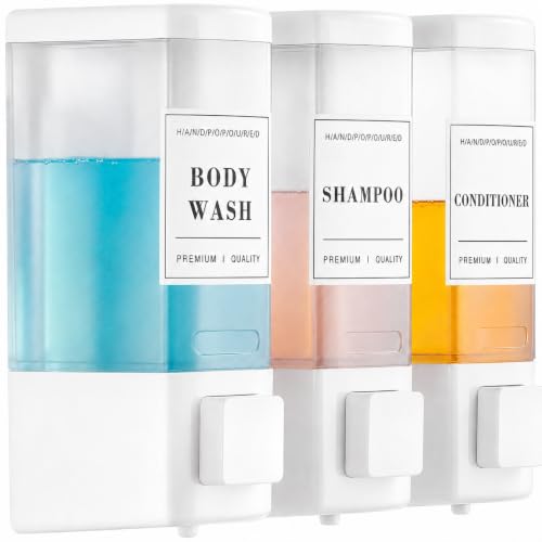Shampoo and Conditioner Dispenser for Shower, 3 Chamber, White | Wall Mounted, No Drill, 3×16.9oz, ABS Plastic Material, Refillable With Labels, For Bathroom Hotel - color: Dm35-white