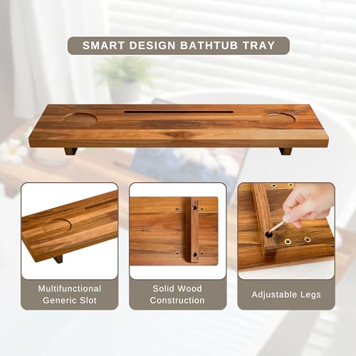 Bathtub Tray for Standard Tubs – 29" Adjustable Teak Wood Bath Caddy | Anti-Tip, Non-Toxic, Waterproof, Sustainable Bath Tray Organizer for Relaxing Spa & Home Use
