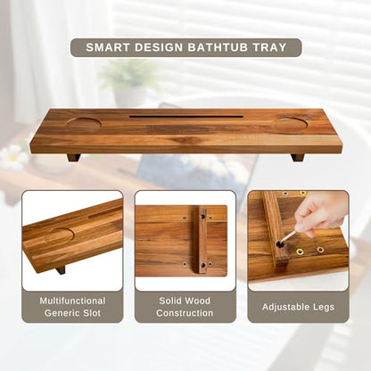 Bathtub Tray for Standard Tubs – 29" Adjustable Teak Wood Bath Caddy | Anti-Tip, Non-Toxic, Waterproof, Sustainable Bath Tray Organizer for Relaxing Spa & Home Use