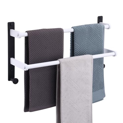 Bathroom Double Towel Rack with Hooks, 18-Inch Towel Bar - Stainless Steel Wall Mounted Towel Holder, White & Black - color: Black & White, size: 18-Inch
