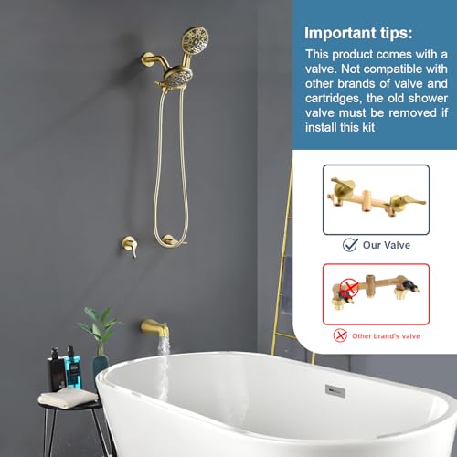2 Handle Shower Faucet Set with Tub Spout Bathtub Shower Faucet Combo Set Shower System Complete Tub and Shower Trim Kit Brushed Gold Wall Mounted Shower Fixtures - color: Brushed Gold