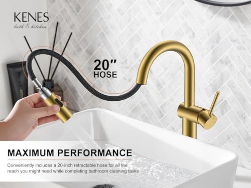 Brushed Gold 1 Handle Tall Vessel Sink Faucet with Pull Down Sprayer | Vessel Bowl Faucet with Pop Up Drain & Supply Lines, Lead-Free cUPC & NSF Certified, 1 Hole Faucet for Vanity RV Restroom - color: Brushed Gold, size: Tall
