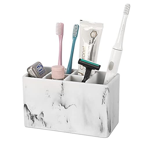 zccz Toothbrush and Toothpaste Holder - Multifunctional Countertop Electric Toothbrush Holder with 6 Slots - Toothpaste Razor Makeup Brushes Holder Organizer Stand for Bathroom Shower Vanity - color: 1. White_marble