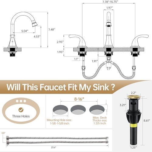 Bathroom Sink Faucet FRANSITON Centerset 8 Inch 2 Handle Bathroom Sink Faucet Lead-Free with Pop-up Drain Stopper and Supply Hoses (Brushed Gold, 8 Inch) - color: Brushed Gold