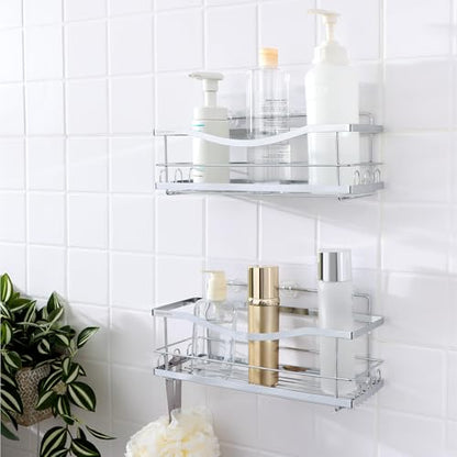 Iron Shower Caddies - Self Adhesive Bathroom Shelves for Showers - Wall Organizer Shampoo Holder Shelf - Peel and Stick On Caddy Bath Tub Rack - Pack of 2 Holders - Silver