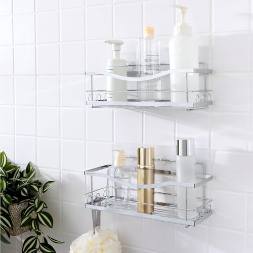 Iron Shower Caddies - Self Adhesive Bathroom Shelves for Showers - Wall Organizer Shampoo Holder Shelf - Peel and Stick On Caddy Bath Tub Rack - Pack of 2 Holders - Silver