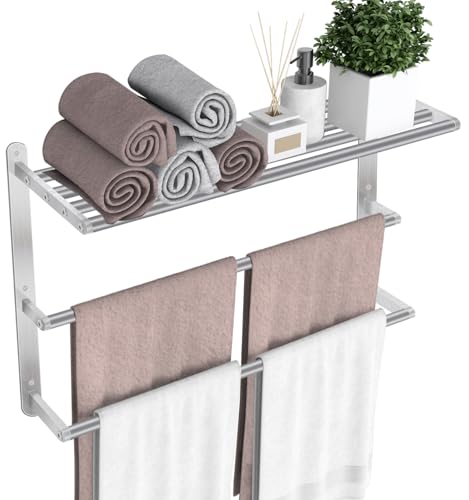 24 inch Towel Racks for Bathroom, VOTZAAQ Towel Shelf with Double Towel Bar, Stainless Steel Towel Storage for Lavatory Wall Mounted, 3-Tier Towel Hanger Towel Holder, Brushed Nickel - size: 24 Inch