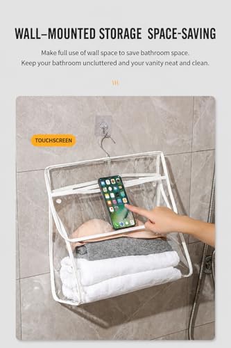 Waterproof Bathroom Storage Bag Wall Hanging Organizer with Clear Window, Shower Clothes Storage Holder for Towels, Laundry & Bath Essentials, Space Saving Hanging Bag for Bathroom Door or Wall