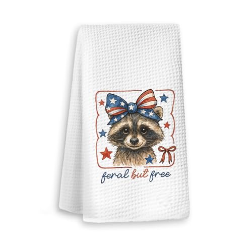 Patriotic Kitchen Towels，4th of July KitchenTowels Decorations，Cute Raccoon Microfiber Dish Towels，Feral But Free Red White Blue Bows Coquette Hand Towel, 16x24 Inch - color: America-6