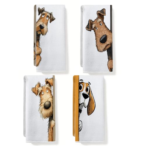 4 Pcs Funny Dog Kitchen Towels, Cute Dogs Gifts Hand Tea Towels 14x24 Inch | Kitchen Bathroom Home Decor, Dogs Waffle Weave Absorbent Dish Towel, Dog Lover Gifts for Women Mom family Friends - color: Multi 0149
