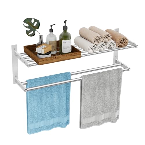 KLJKPA 24 Inch Towel Racks for Bathroom Wall-Mount, 2-Tier, Brushed Nickel | Towel Shelf with Double Towel Bar, Towel Holder, Towel Storage for Bathroom Lavatory, Stainless Steel, Space Saving - color: Brushed Nickel, size: 2-Tier