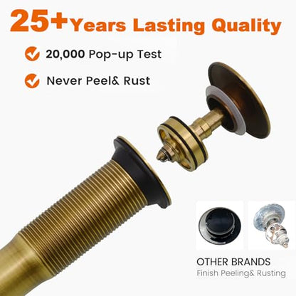 Bathroom Sink Drain Without Overflow, Antique Brass Bathroom Sink Stopper for Vanity Vessel Sink, Rapid Draining Stainless Steel Pop Up Drain with Hair Catcher Anti-Clog Strainer - color: Antique Brass
