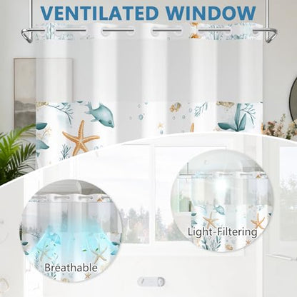 Hook-Free Ocean Shower Curtain with Translucent Top Window, Shower Curtain with Snap in Liner and Weighed Hem, Waterproof Bathroom Shower Curtains, Ocean Themed Bathroom Decor, 71x74 Inch - color: Enchanted Undersea