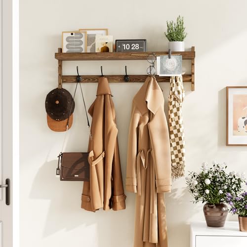 AMBIRD Wall Hooks with Shelf 28.9inch Entryway Wall Hanging Shelf, Wood Coat Hooks, Coat Rack Wall Mount Rack with 5 Dual Hooks, Glasses Organizer and Hat Organizer - style: 5 Hooks