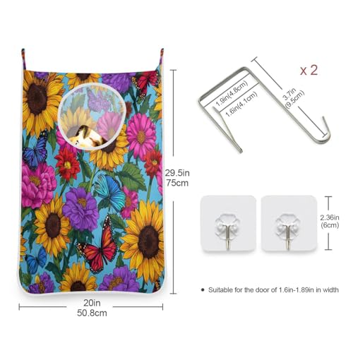 2PCS Hanging Laundry Hamper Bag Over the Door Laundry Hamper Wall Hamper Large Dirty Clothes Hamper with Stainless Steel Hooks 29.5x20Inch Blue Sunflowers and Butterflies - color: Blue Sunflowers and Butterflies, size: 2 PCS