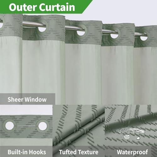 eachope No Hook Tufted Chevron Striped Shower Curtain with Snap-in Fabric Liner set-71Wx74H(72H),Sage Green Hotel Grade Boho Style Shower Curtain with See Through Top Window,Water Repellent - color: Sage Green, size: 71"W x 74"L (Pack of 1)
