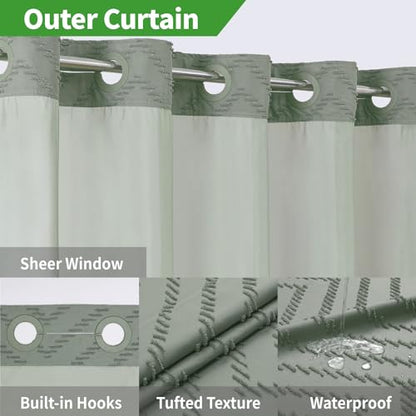 eachope No Hook Tufted Chevron Striped Shower Curtain with Snap-in Fabric Liner set-71Wx74H(72H),Sage Green Hotel Grade Boho Style Shower Curtain with See Through Top Window,Water Repellent - color: Sage Green, size: 71"W x 74"L (Pack of 1)