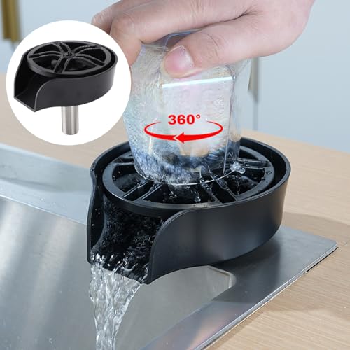 POCREATION Automatic Glass Washer Cup Rinser, 360 Degree Rotating Spout Sink Accessory Stainless Steel Bottle Washer for Bottles, Cups, Utensils Black ABS Basin (US 9/16 Hose)