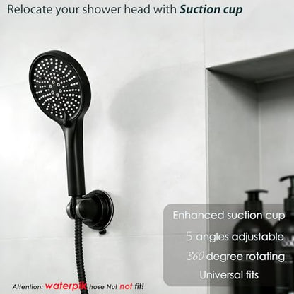 Hand held Showerhead Holder Wall Mounted with Suction Cup - Reusable- Wide Anlge Adustable Shower Hose Holder (Matte Black) - color: Matte Black