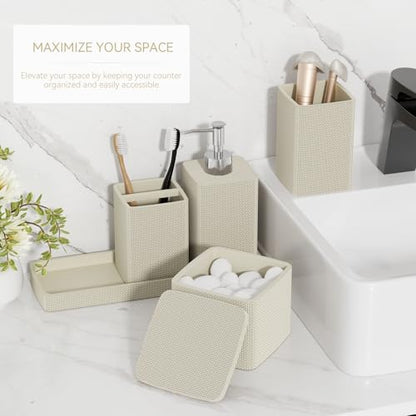 Beige Bathroom Accessories Set 5 Pieces, Resin Toothbrush Holders Set Complete with Soap Dispenser, Toothbrush Holder, Vanity Tray, Bathroom Tumbler and Qtip Holder for Small Spaces - size: 5 Pcs Bathroom Set, style: Beige