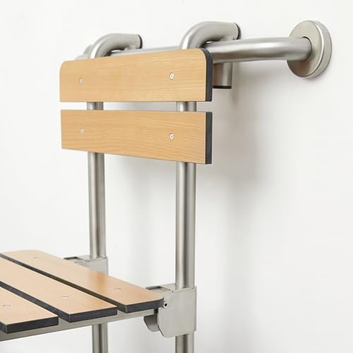 Seachrome Profile Folding Shower Seat with 18 inch Grab Bar, Removable Hanging Bench with Backrest & Legs, Teak Phenolic Seat, Stain Stainless Steel Grab Bar - color: Teak Phenolic Seat