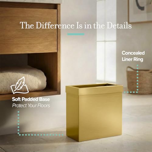 Gatco Modern Rectangle Wastebasket, Brushed Brass - Stainless Steel Trash Can with Removable Lid, Leakproof, 3 Gallon Capacity for Bathroom, Bedroom, Kitchen, or Office - color: Brushed Brass