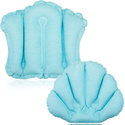 Jetec 2 Pcs Inflatable Bath Pillow with Suction Cup Terry Cloth Covered Bath Pillow Shell Shape Bathtub Spa Pillows Comfortable Soft Cushion Neck Support Fits All Pool Bathroom Home Spa Hot Tub(Blue)