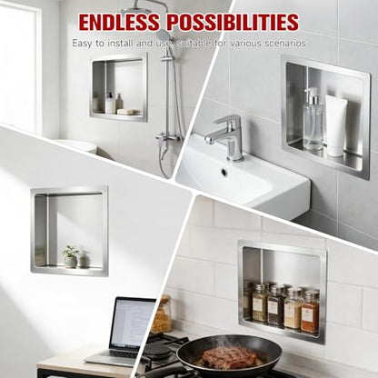 VELPAX No Tile Needed Shower Niche 12"X 12", Bathroom Wall Niche Single Shelf, Stainless Steel Shower Niche for Bathroom, Kitchens, Balconies - color: Silver, size: 12"X 12" Single Shelf