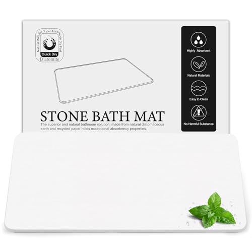 Large Diatomite Stone Bath Mat, 30" x 17" White | Premium Non-slip Natural Diatomaceous Earth Bathtub Fast Drying Mats for Bathroom Floor