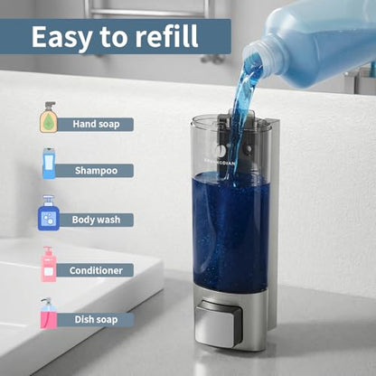 Manual Soap Dispenser Wall Mount, 6.76oz/200ml, No Drill, with Key, Silver | Shampoo Conditioner Body Wash Dispenser, Leak-Proof, Refillable, Home Kitchen Guest Bathroom Washroom Laundry Room Garage RV - color: Silver