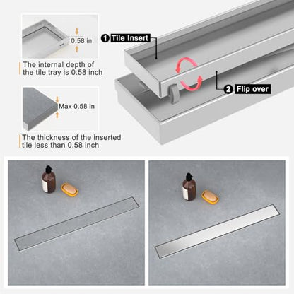 Linear Shower Drain - 36 Inch Brushed Nickel, with Tile Insert Panels | AISI 304 Stainless Steel Shower Drain with Adjustable Feet, Hair Catcher, Rectangle Shower Floor Drain Fits Bathroom, Balcony - color: Brushed Nickel, size: 36 Inch