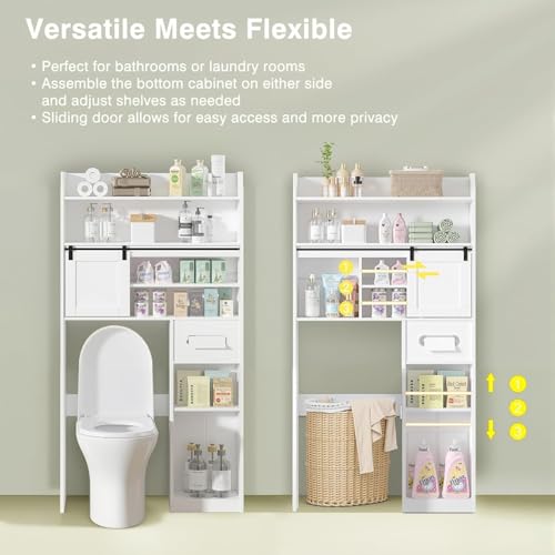 VECELO Over The Toilet Storage Cabinet with Sliding Doors, 63.8" Toilet Organizer with Adjustable Shelves, Paper Holder and Racks, for Bathroom Laundry, White - size: 34.3‘’*9‘’*63.8‘’（L*W*H）