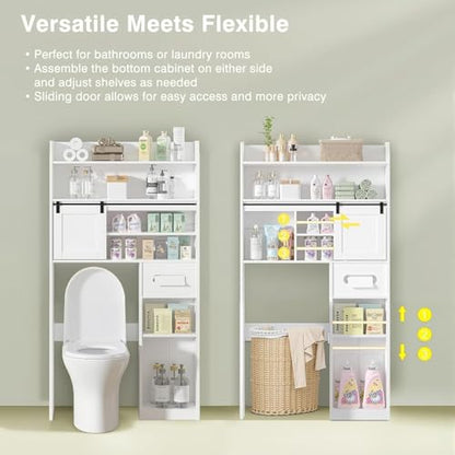 VECELO Over The Toilet Storage Cabinet with Sliding Doors, 63.8" Toilet Organizer with Adjustable Shelves, Paper Holder and Racks, for Bathroom Laundry, White - size: 34.3‘’*9‘’*63.8‘’（L*W*H）