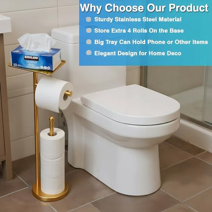 Gold Toilet Paper Holder with Shelf, Freestanding Tissue Holder Stand with Storage Space for Extra 4 Toilet Paper Rolls (Stainless Steel Base, Gold) - color: Gold