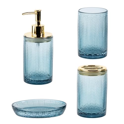 MyGift 4 Pcs Glass Bathroom Accessories Set with Toothbrush Holder, Soap Dish, Pump Dispenser, Tumbler Cup, Blue Bathroom Decor, Modern Embossed Chevron Design